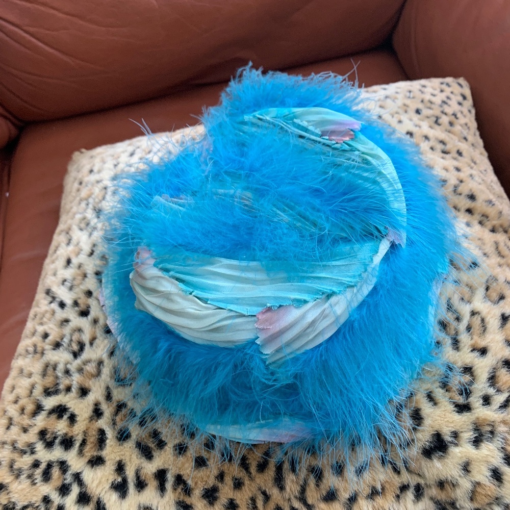 Vintage Silk Fabric Hat with Marabou Feathers Bright Blue